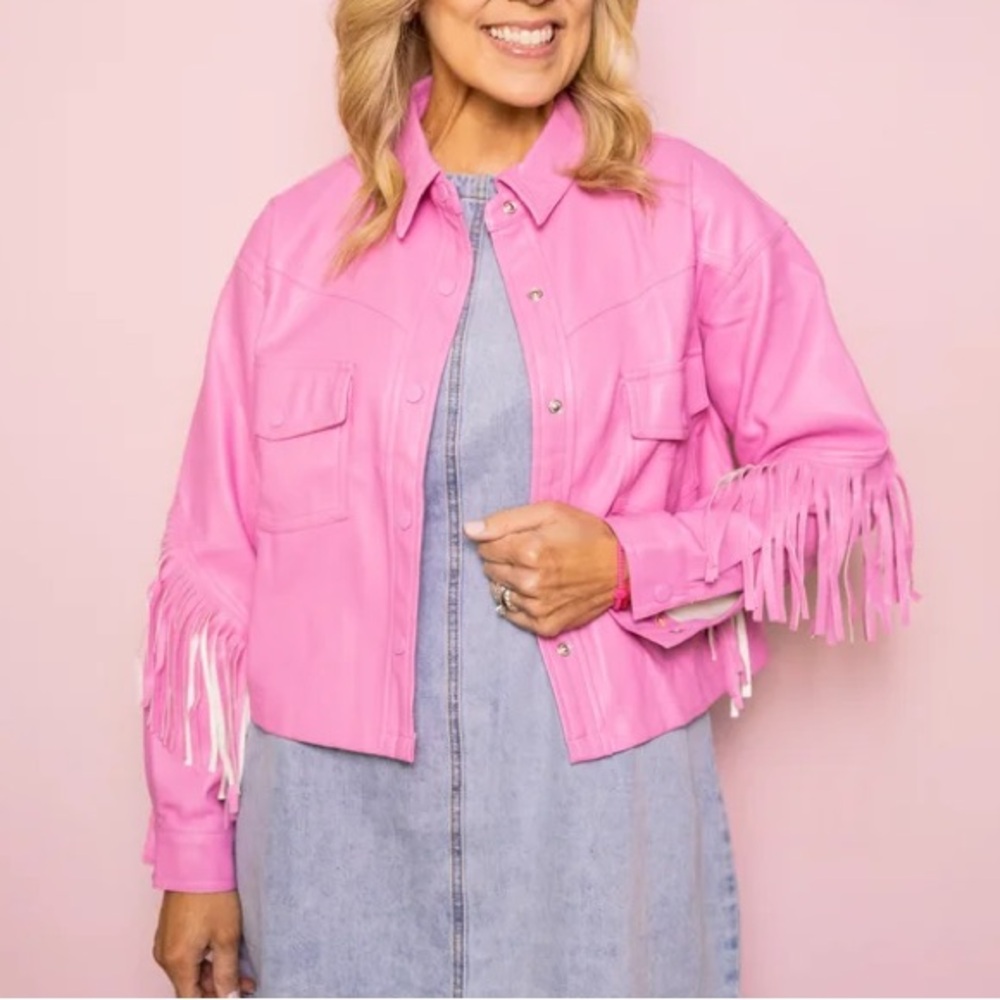 Karlie Boutique Barbie Pink Vegan Leather Cropped Fringe Jacket Sz L